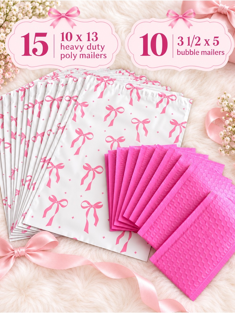 PartyBow 15-10x13 Pink Poly Mailers & 10-3.5x5 Hot Pink Bubble Mailers